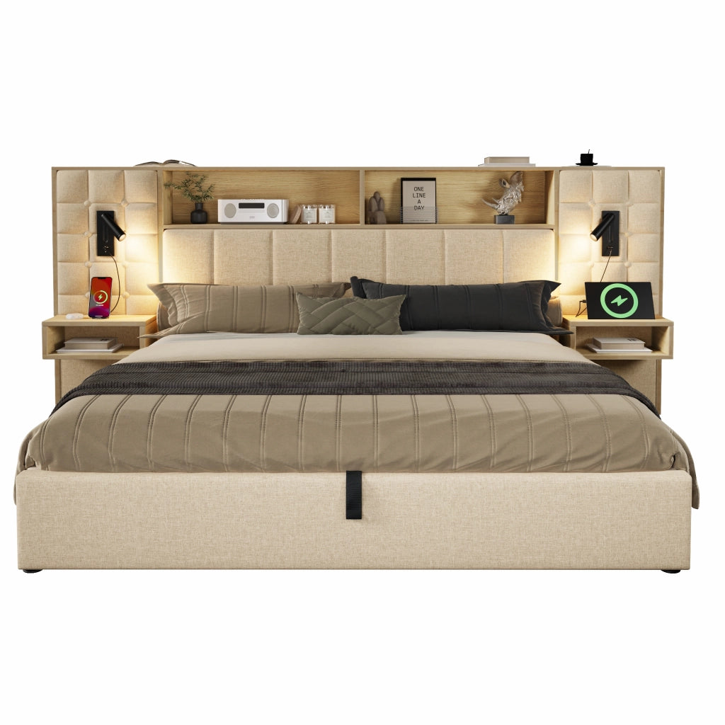 letto imbottito lino beige 216 x 279 cm