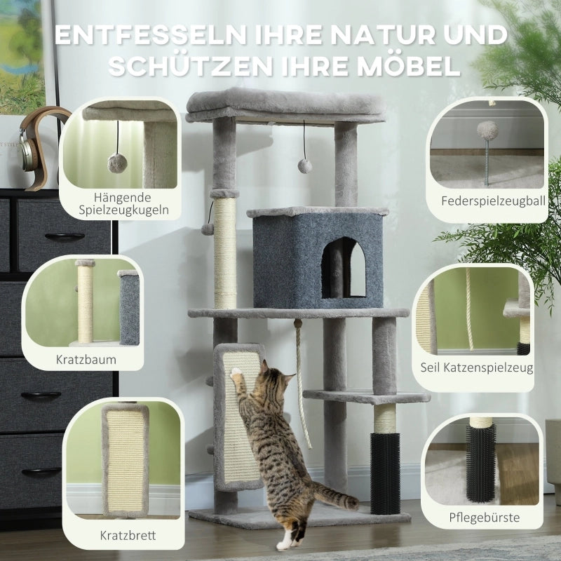 Tiragraffi per gatti con cuccia; letto; piattaforme e tiragraffi in sisal; grigio chiaro; 55 × 44 × 132 cm
