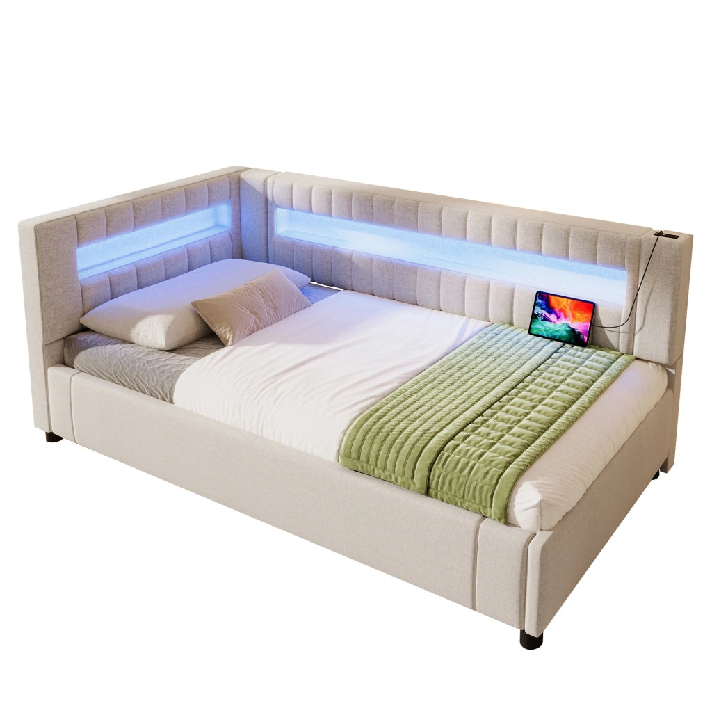Letto daybed 90x200 cm con LED, contenitore idraulico e porte USB