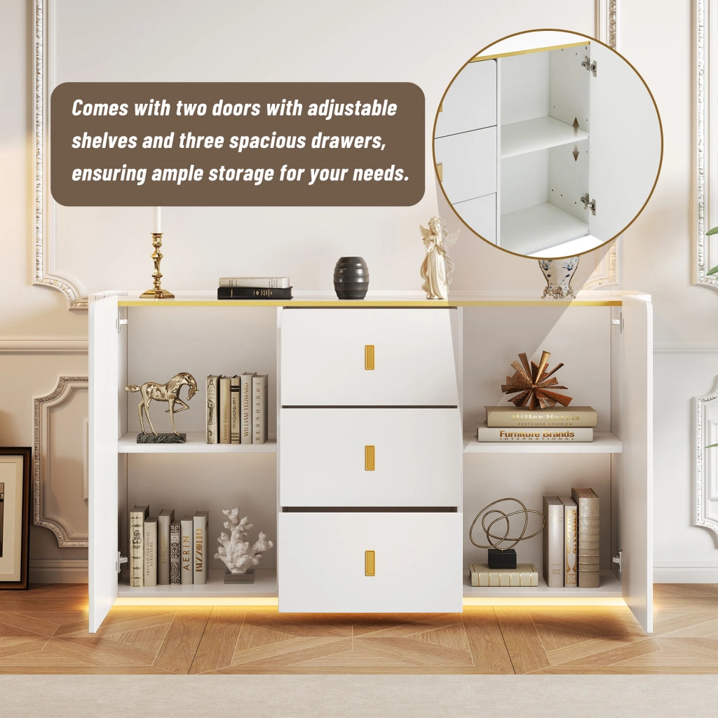 Credenza e madia con LED Bluetooth, 2 ante e 3 cassetti, per soggiorno e cucina, in truciolare bianco, 150 × 35 × 80 cm