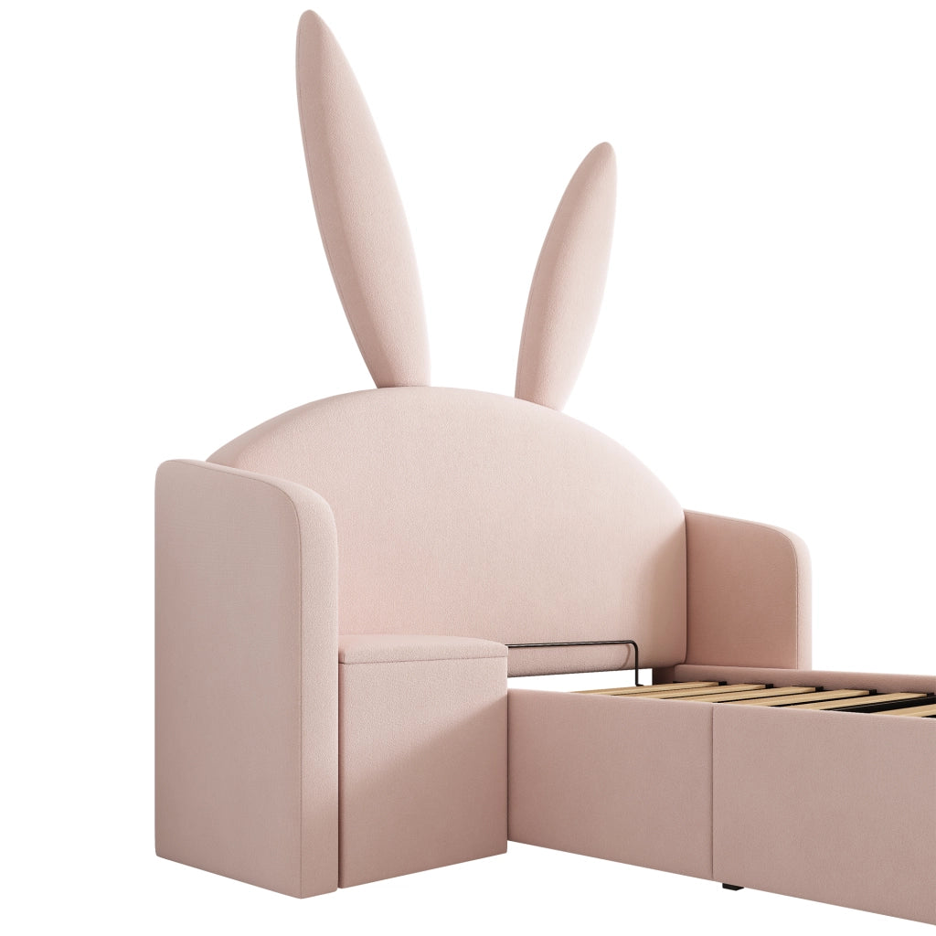 Letto per bambini 90x190 cm, letto idraulico con contenitore, testiera imbottita, forma a orecchie di coniglio, tessuto in velluto, rosa