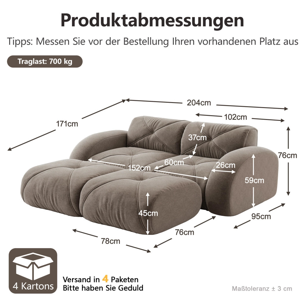 Divano modulare 2 posti taupe con 2 pouf, rivestimento in chenille senza struttura
