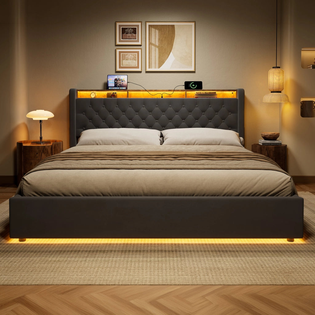 Letto contenitore matrimoniale 180x200 cm;LED;vano contenitore;presa elettrica;testiera reclinabile;base imbottita;grigio scuro;materasso escluso
