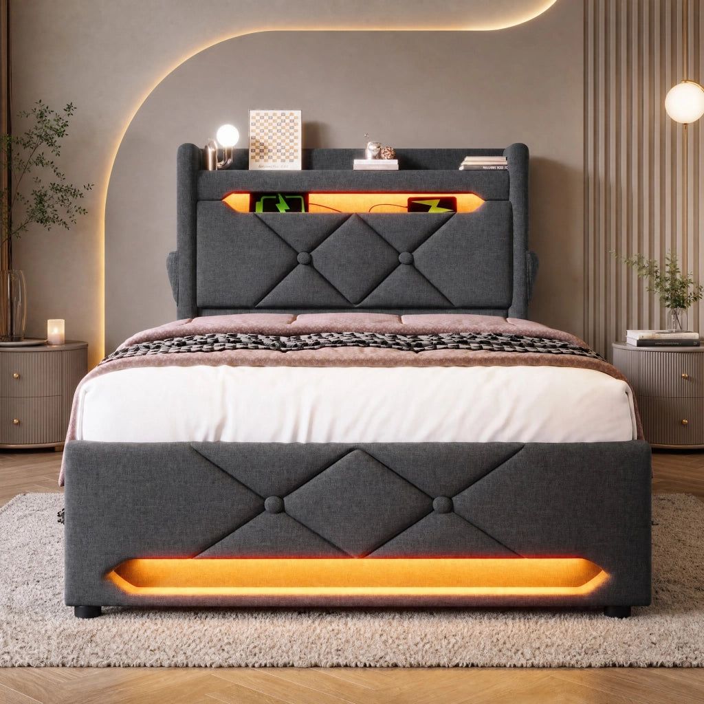 Letto singolo con LED 360°, testiera con ricarica e ampia capienza
