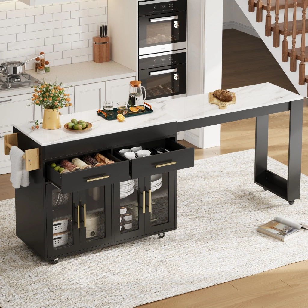 Tavolo alto da cucina estraibile con mobili contenitore; ripiani regolabili; ruote e freni in MDF nero 132.5–217 × 50 × 93 cm