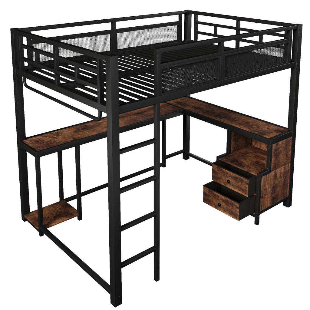 Letto a soppalco 140 × 200 cm con scrivania, mensole, barra appendiabiti, LED e porte USB, senza materasso, nero