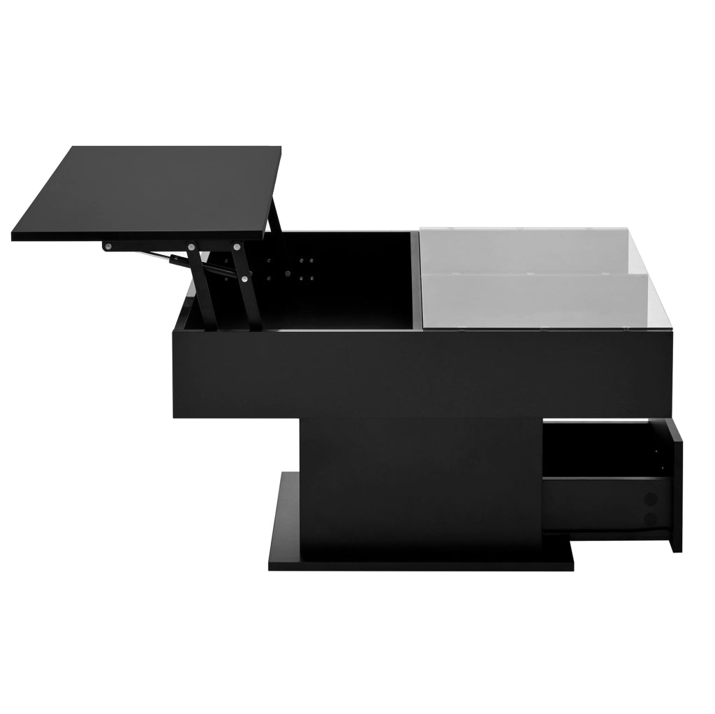 Tavolino da caffè 78x78x45.5/59.5 cm; sollevabile con LED e vano contenitore; truciolare; nero