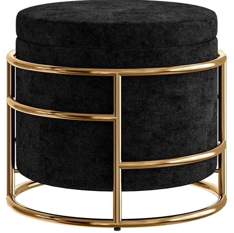Pouf contenitore imbottito in velluto nero con struttura in metallo dorato, Ø42x39 cm