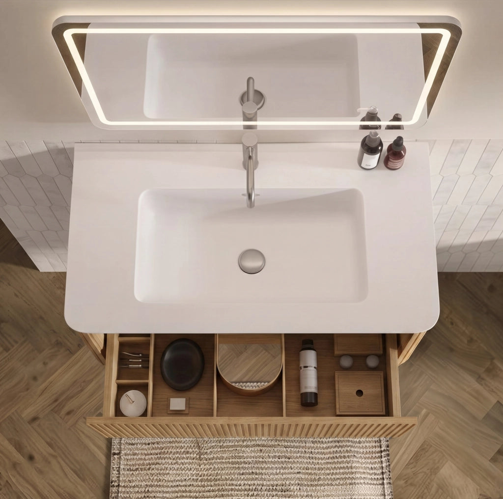 MOBILE BAGNO Set con lavabo, specchio LED e colonna color rovere