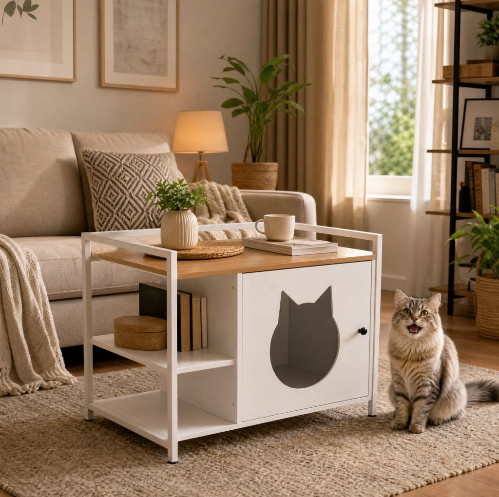Mobile per lettiera gatto bianco e rovere chiaro in MDF e metallo, con 2 ripiani