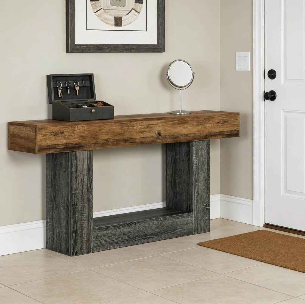 Consolle 160 cm in MDF grigio e marrone rustico con ripiano inferiore HOMVRA
