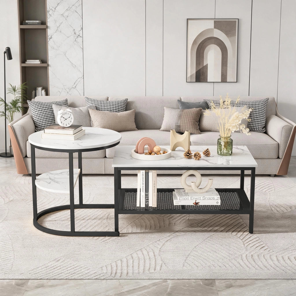 Tavolini salotto rotondi set 2 pezzi 80x46x41 cm con spazio contenitore tavolino da divano effetto marmo struttura in metallo - nero