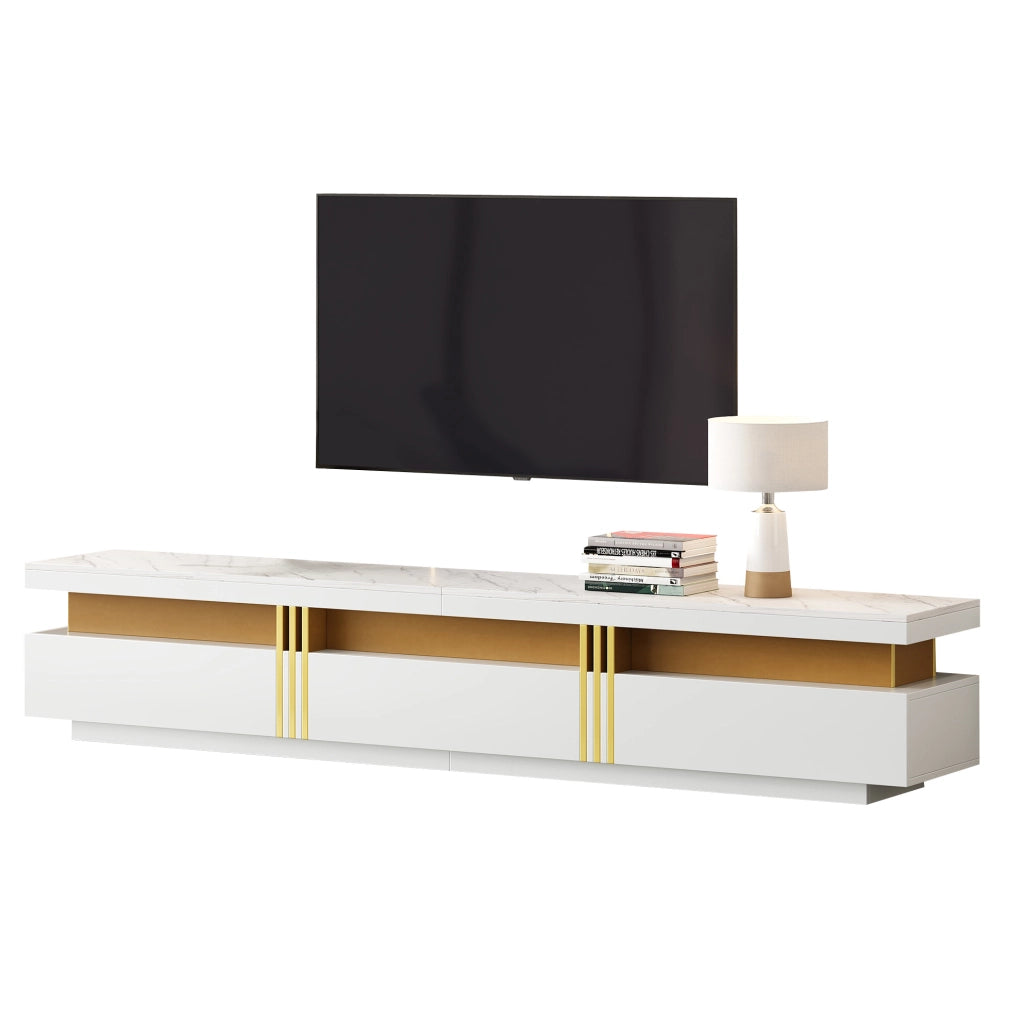 Mobile TV bianco 200 cm effetto marmo con 3 cassetti