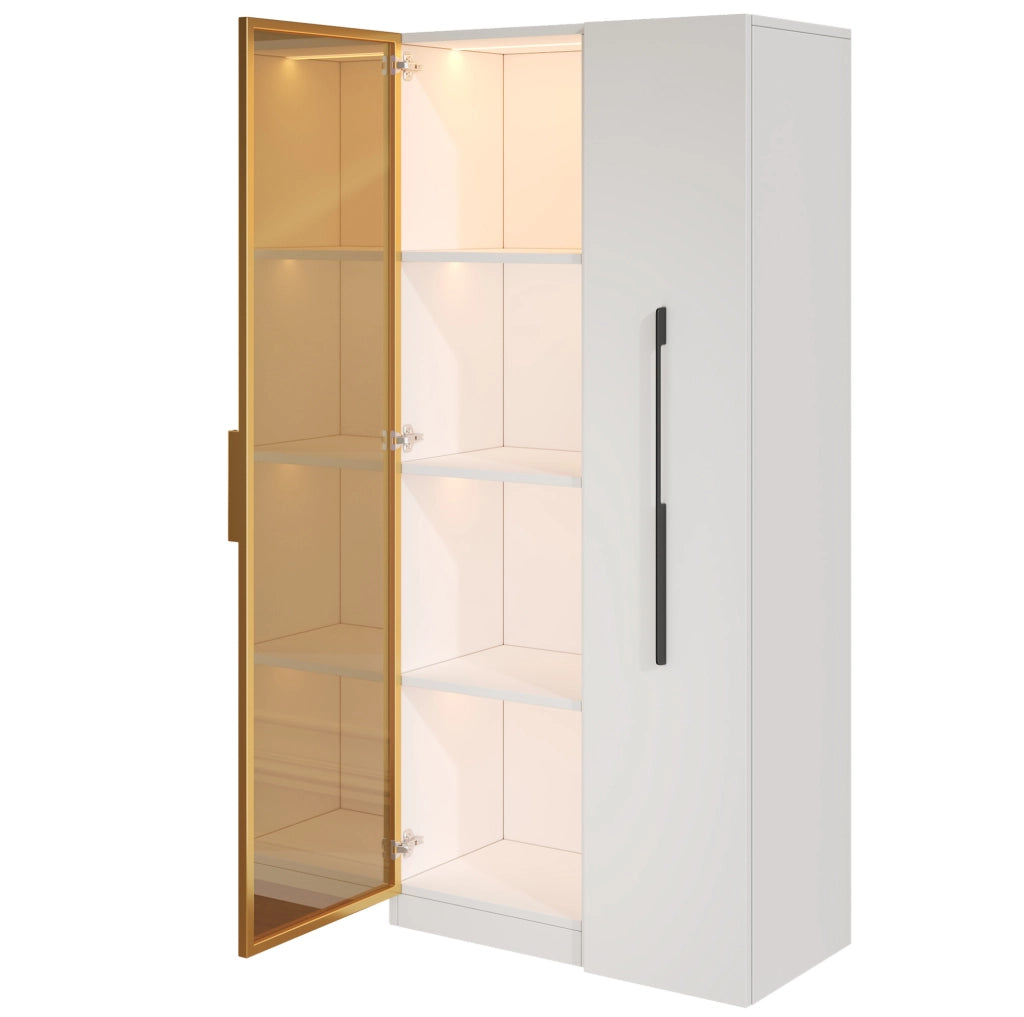 Vetrina 70x40x160 cm con LED e modulo laterale estraibile in MDF bianco