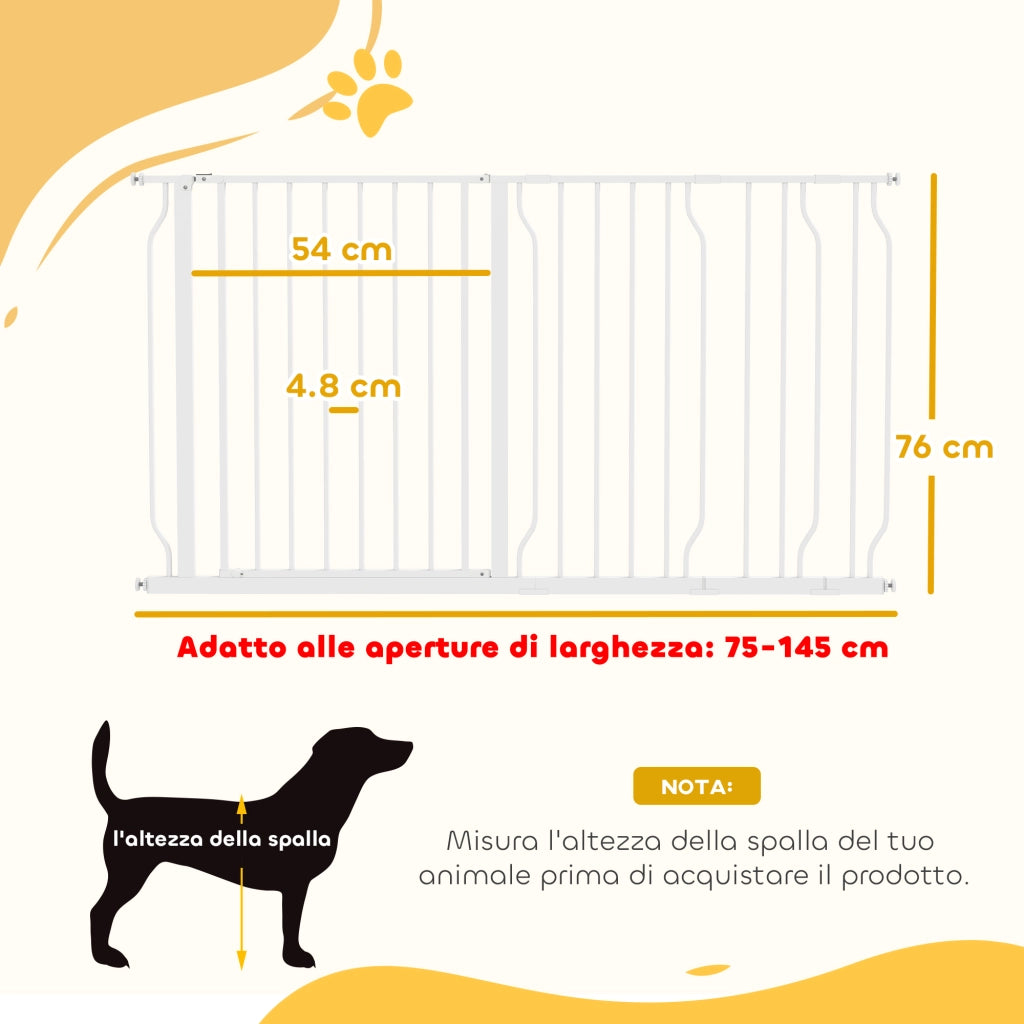 Cancelletto di Sicurezza per Cani Regolabile 75-145 cm in Acciaio e ABS Bianco, Barriera per Porte e Scale Facile da Montare