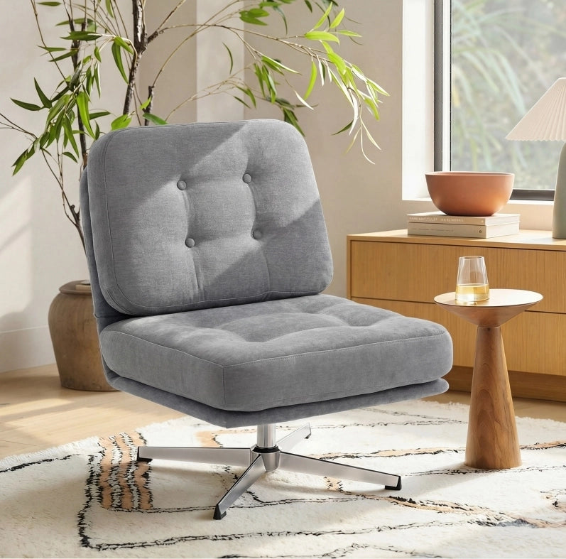 Poltrona Girevole con Rivestimento in Chenille, Seduta Larga 70 cm e Gambe in Metallo, Grigio Chiaro