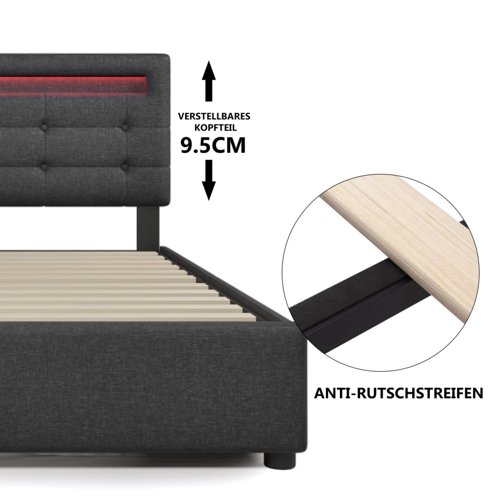 Letto imbottito 90 x 200 cm grigio con LED e 2 cassetti