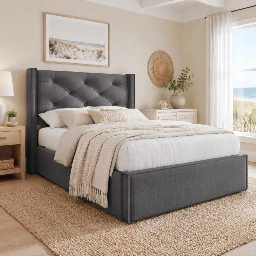 Letto singolo imbottito 90x200 cm grigio con contenitore