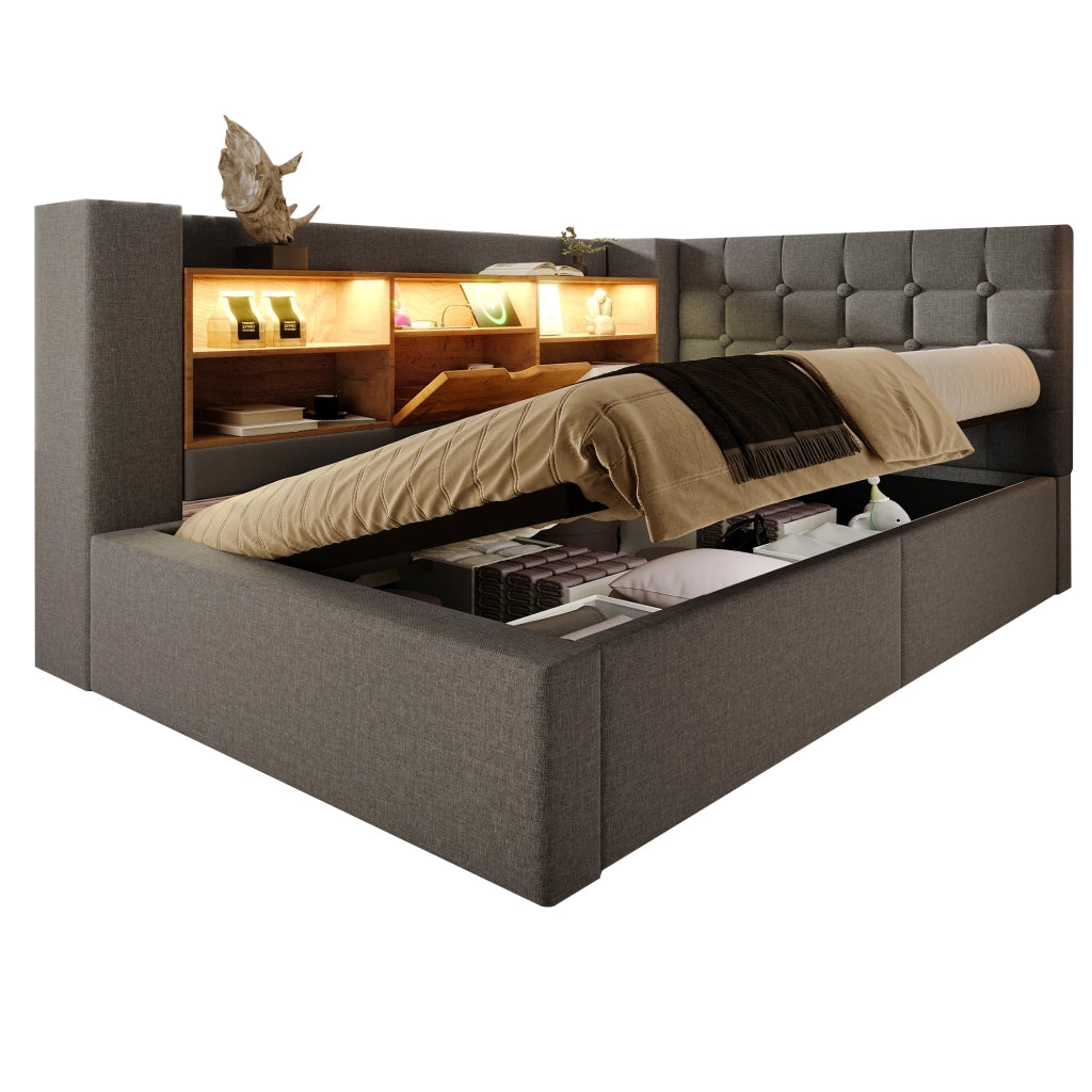 Letto Imbottito Singolo con LED e Contenitore Idraulico ¨C MINIMAL ¨C Testiera L, Tessuto Grigio, 90x200