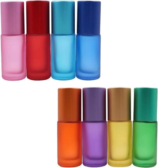 Set di 8 flaconcini in vetro per oli essenziali roll-on - Riscaldabile e portatile - Ideale per creme, massaggi e oli essenziali - Flaconcini multicolore con palline in acciaio inossidabile.