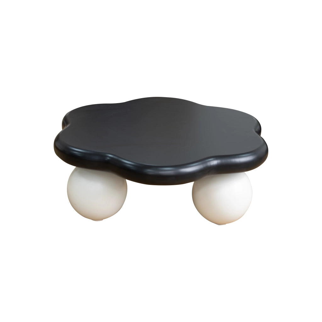 Tavolino basso fisso a nuvola in MDF nero e bianco con gambe sferiche arrotondate diametro 80 × altezza 35 cm