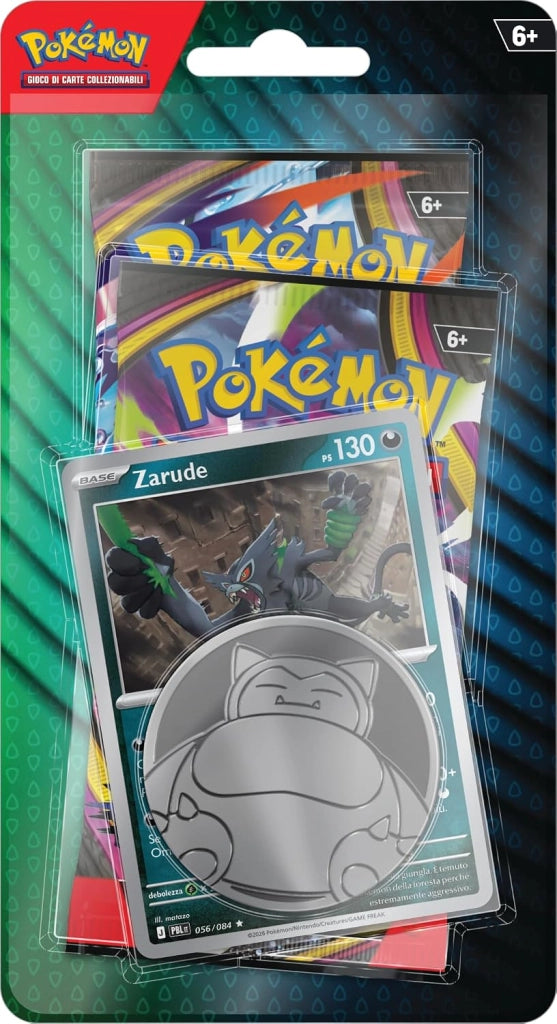 Pokemon confezione da due buste,1 carta promozionale olografica e moneta del GCC Pokemon, The Pokemon Company, Eta 6+
