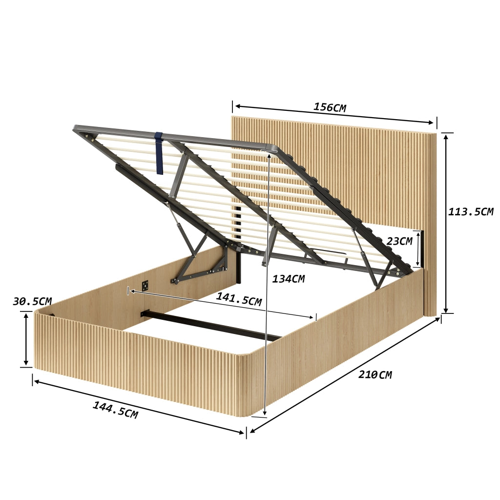 Letto contenitore 140 × 200 cm con sollevamento idraulico testiera a righe struttura in MDF e metallo rovere chiaro
