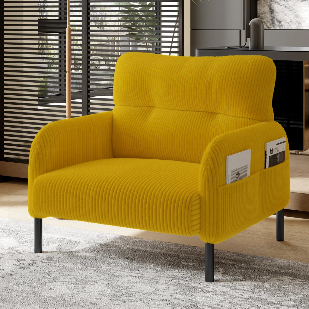 Poltrona singola in velluto a coste giallo con tasca laterale 67x75x79 cm