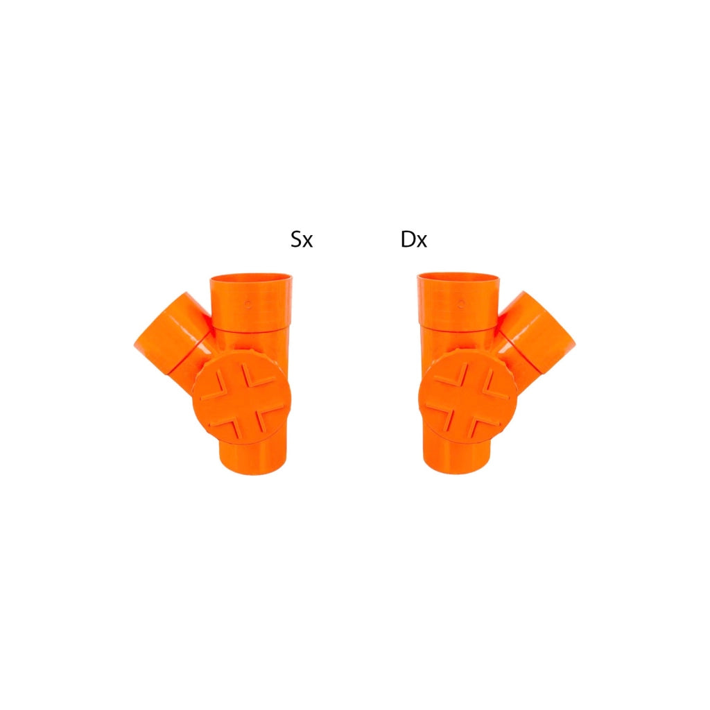 Derivazione 45° con tappo per ispezione in pvc : Diametro - 100 (con tappo Ø80), Modello - Destra