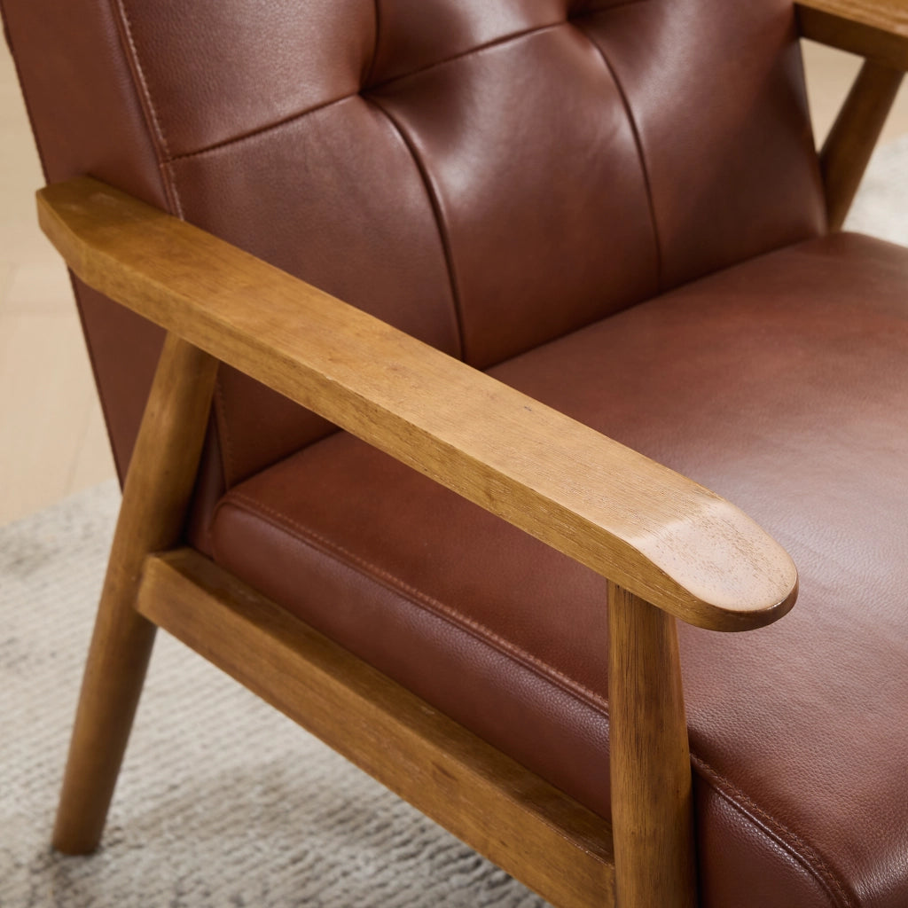 Poltrona con schienale decorato e braccioli in pelle e legno di caucciù marrone, 68 × 57 × 44 cm