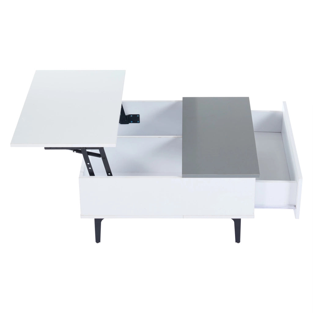 Tavolino basso alzabile con vano e cassetto LED in MDF bianco e grigio piano regolabile 70 × 70 × 35 cm