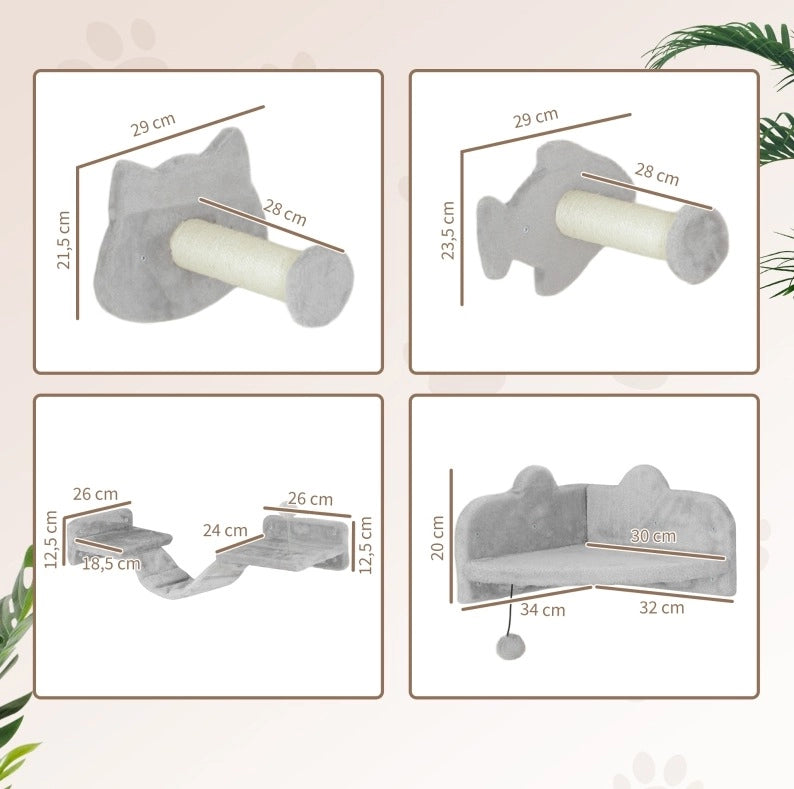 Set da parete per gatti con scaletta e piattaforme grigio