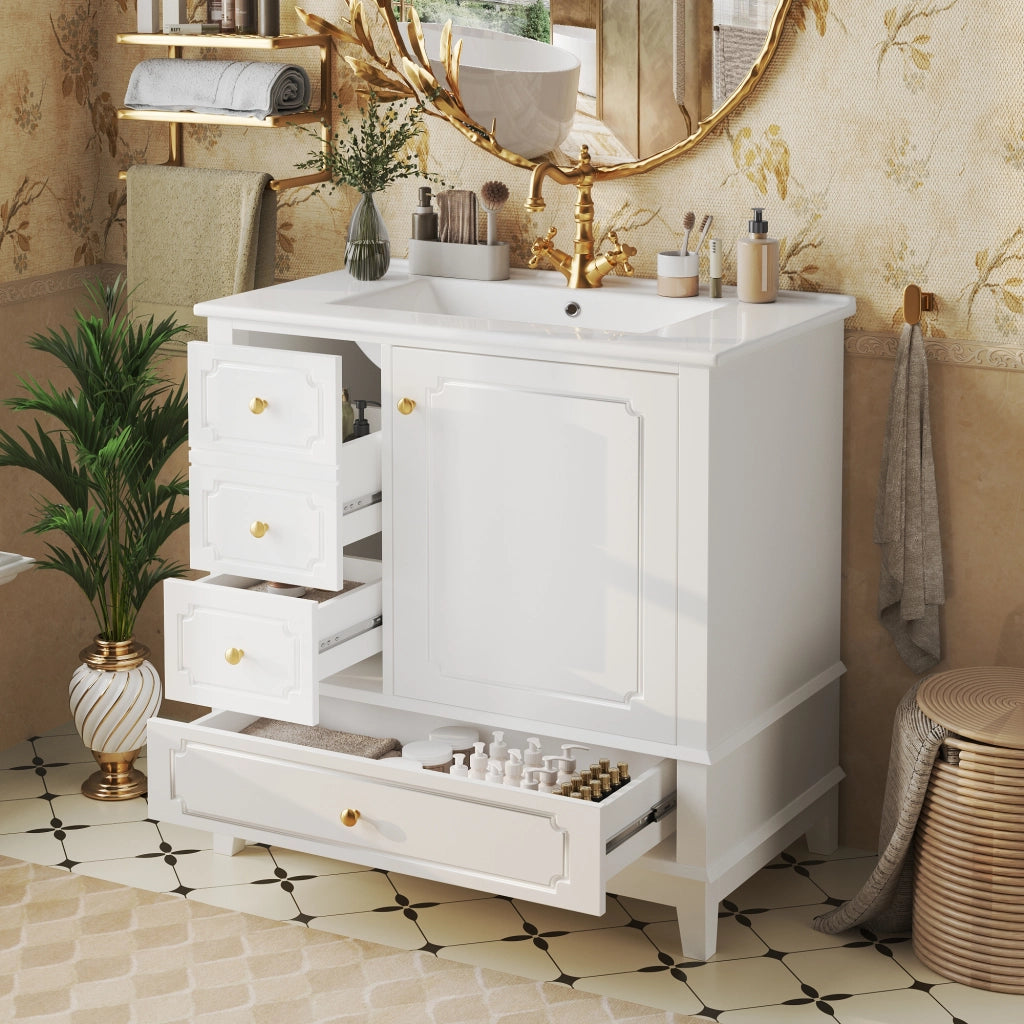 Mobiletto con lavabo in ceramica antibatterica 3 cassetti anta con ripiano MDF bianco 76.5 × 47 × 87.5 cm