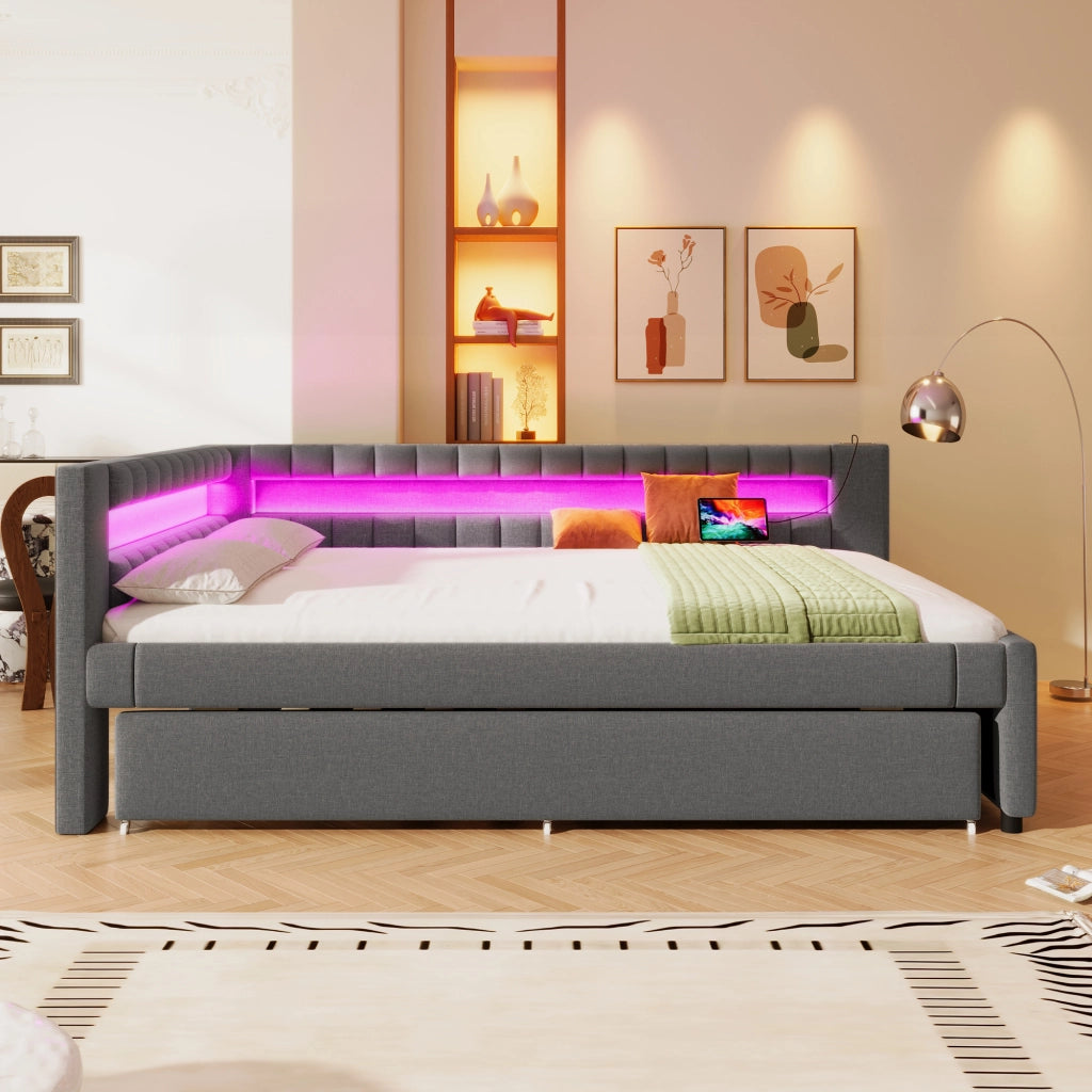 Letto divano 140 × 200 cm 3 posti con letto estraibile 90 × 190 cm; LED; USB e Type-C; senza materasso; grigio