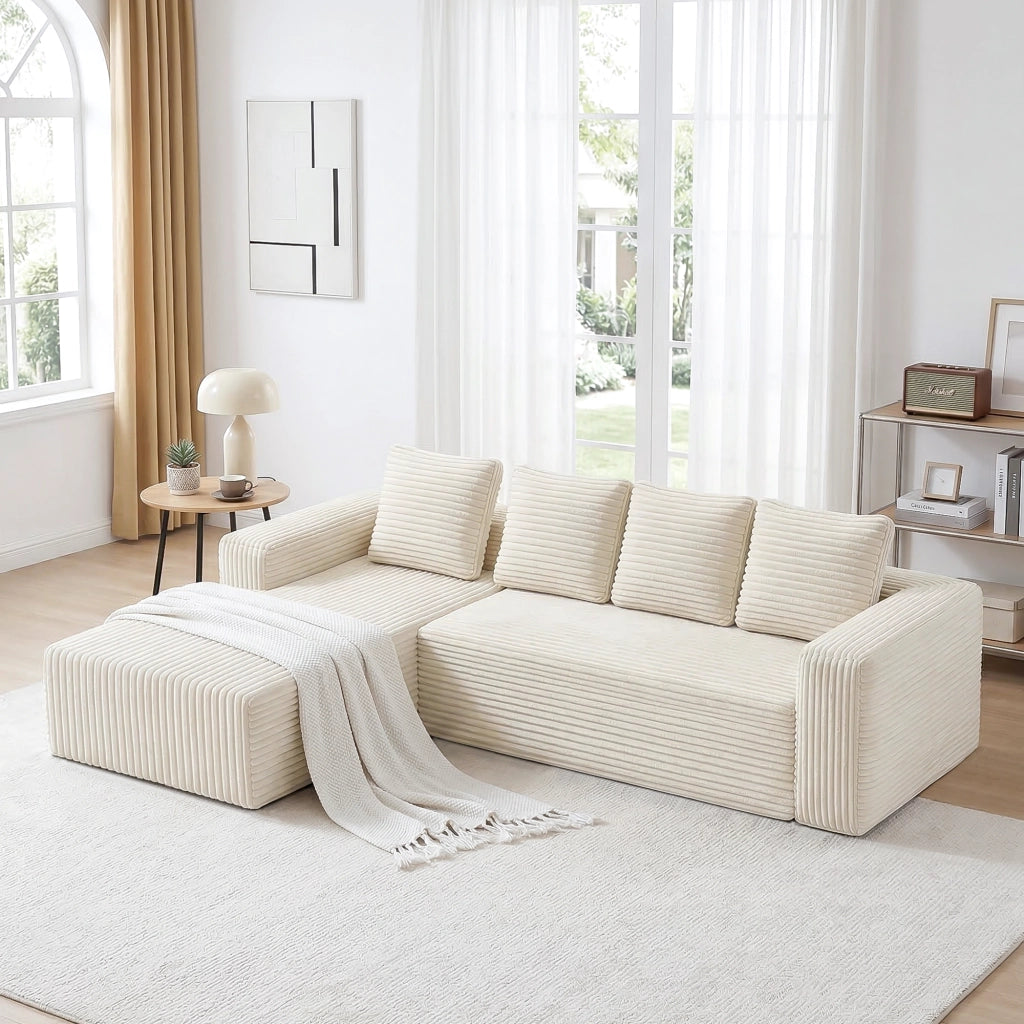 Divano modulare angolare reversibile con seduta profonda e senza montaggio per soggiorno in velluto a coste beige