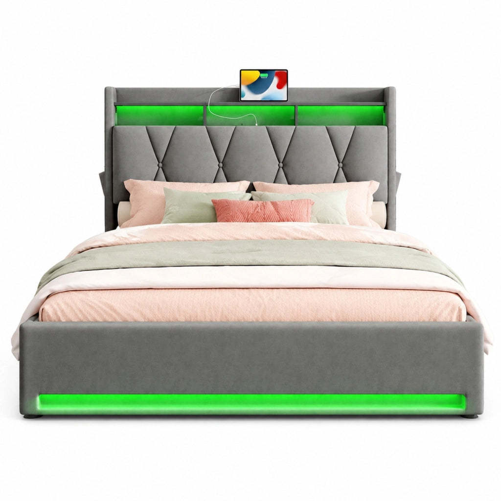 Letto matrimoniale 140x200 cm con contenitore; LED; USB e USB-C in velluto grigio scuro