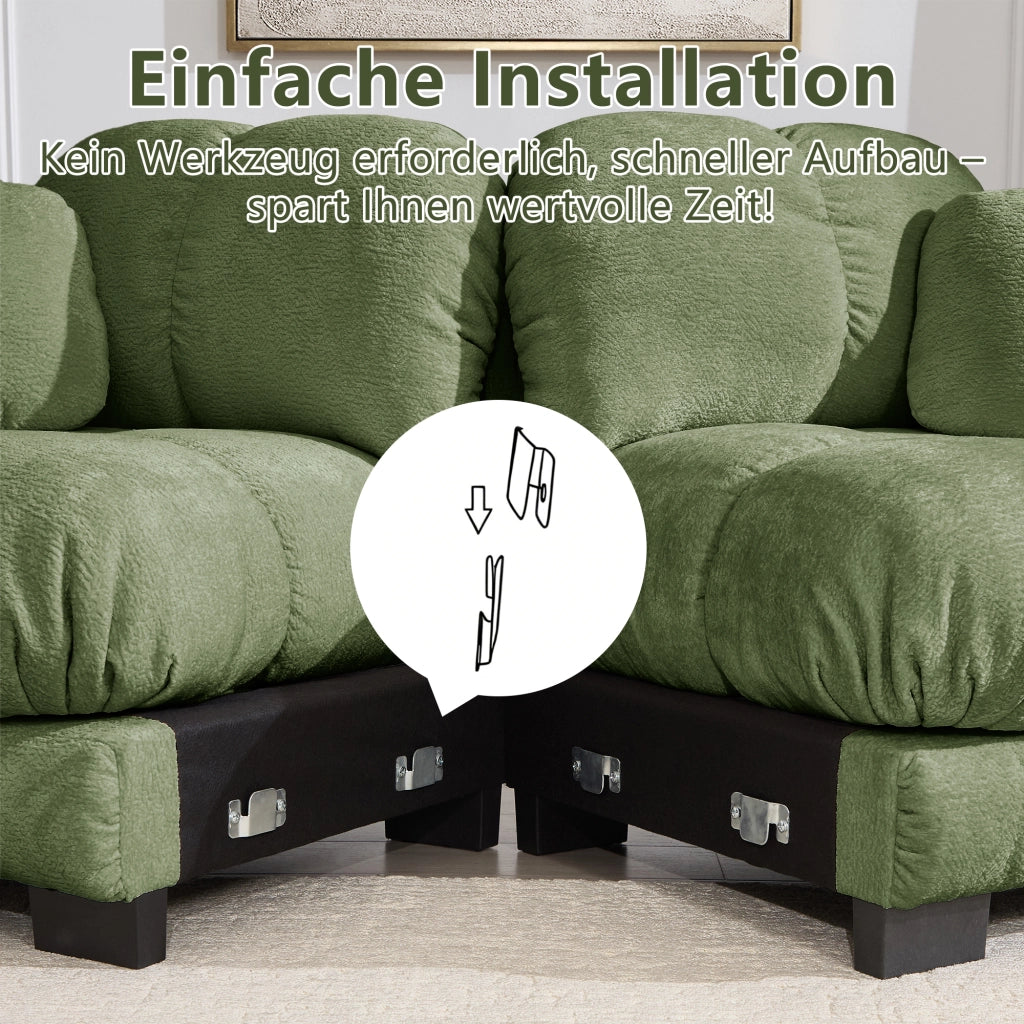 Divano modulare in ciniglia verde con cuscini trapuntati e braccioli curvi 330 × 86 × 90 cm