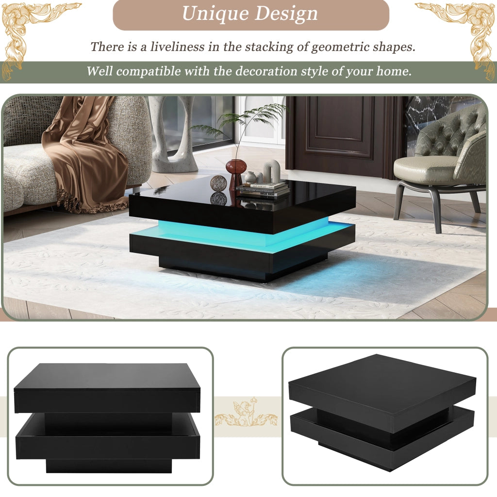 Desviae Tavolino basso quadrato con LED controllati tramite app Bluetooth in pannello truciolare nero 70 × 70 × 36 cm