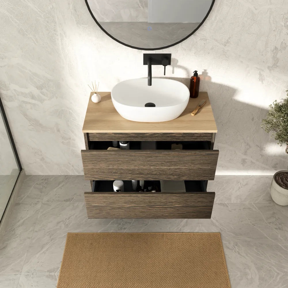 Mobile bagno sospeso 100cm due cassetti rovere scuro con top rovere chiaro | Hexa