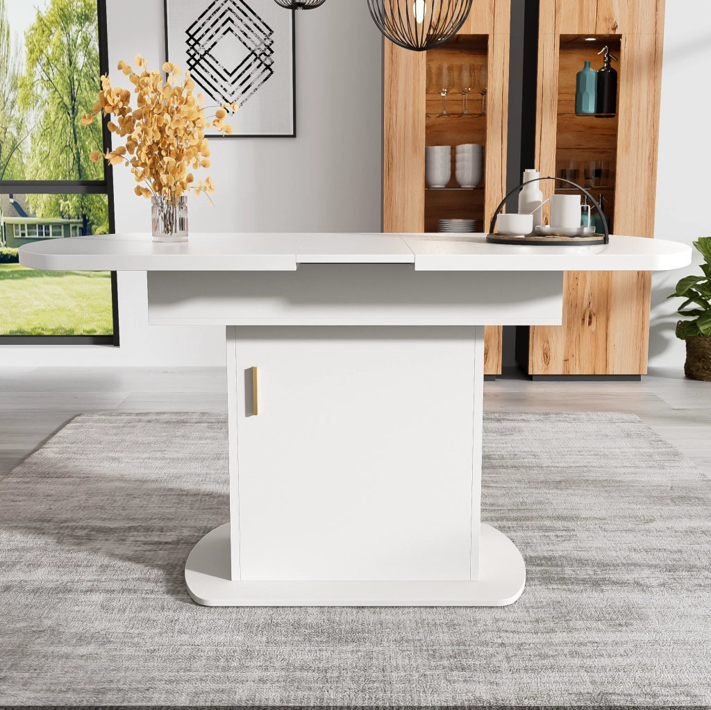 Tavolo da pranzo allungabile ovale 110/130x70x75 cm con vano portaoggetti bianco e maniglia dorata