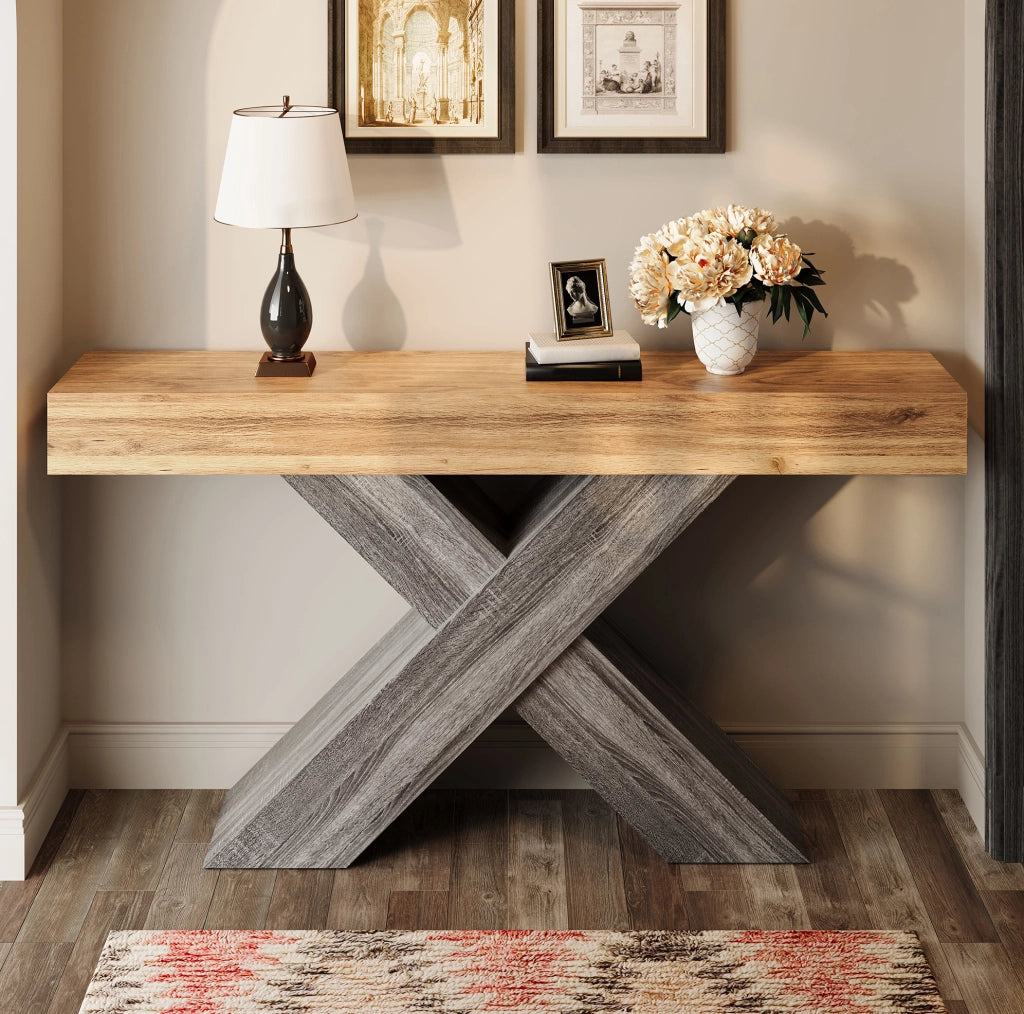 Tavolo Consolle Stretto in Legno 140 x 30 x 80 cm - Struttura Aperta a X Colore Naturale