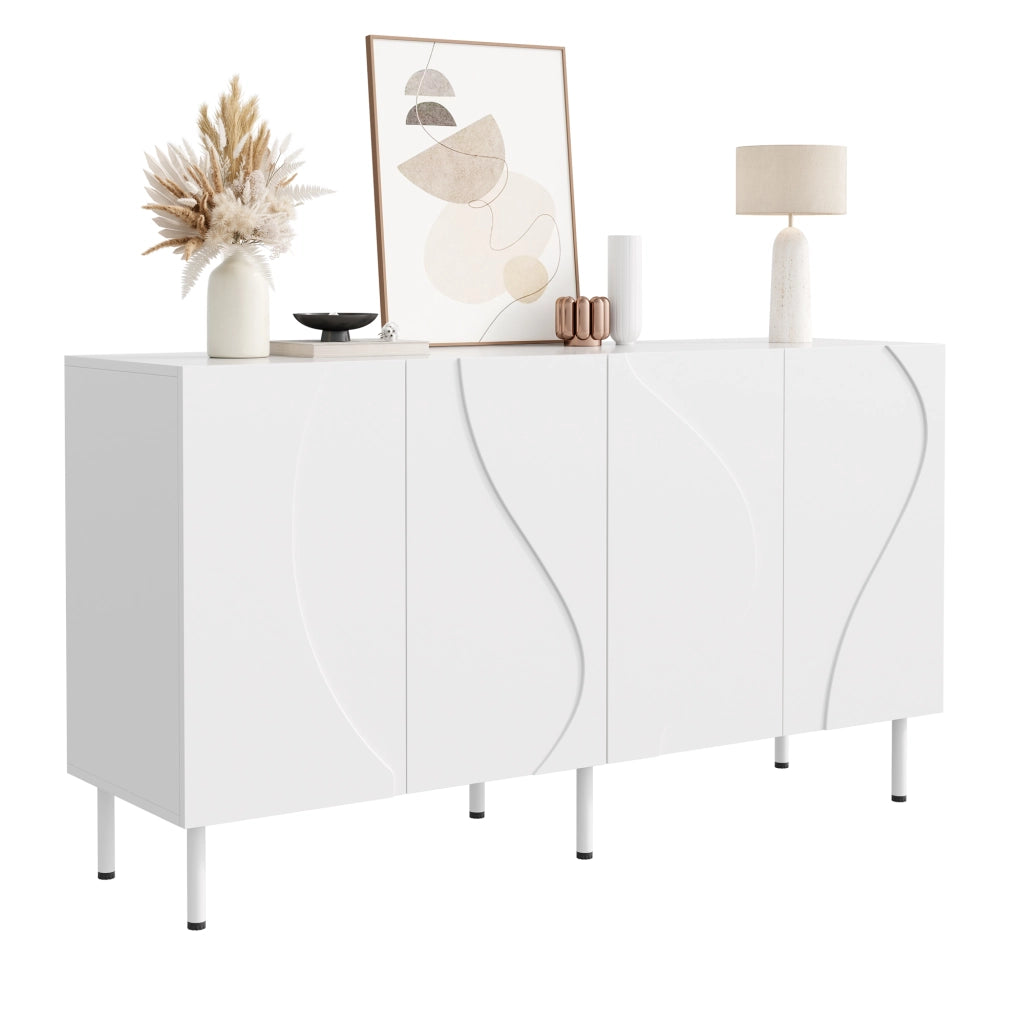 Credenza bianca con ante curve 3D 140 cm senza maniglie MDF e pannello truciolare