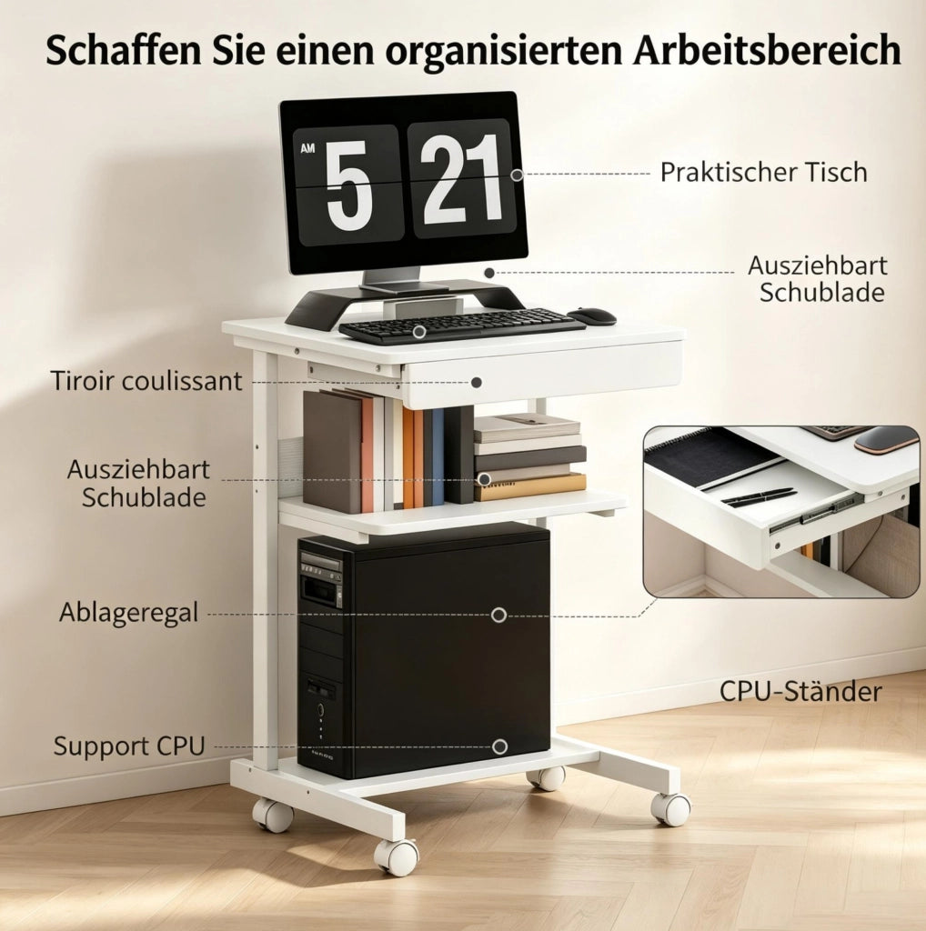 Scrivania per computer bianca 56x51x79 cm con cassetto, ripiano, supporto CPU e ruote per ufficio e home office