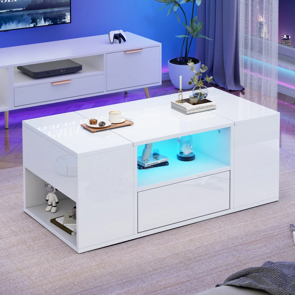 Tavolino da salotto LED con 1 cassetto, 2 ante e 6 vani, finitura bianca lucida per soggiorno, 100 × 50 × 40 cm