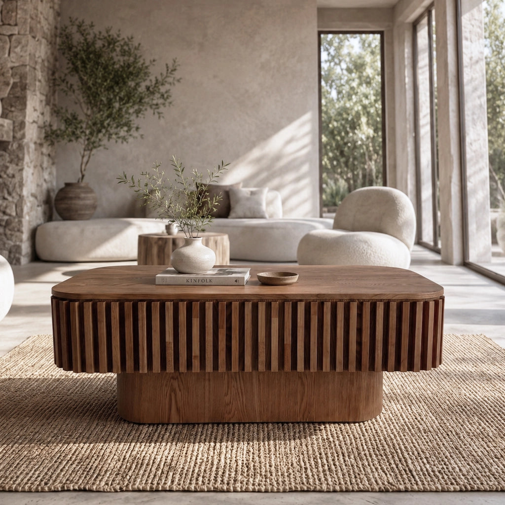 Tavolino basso fisso con vano contenitore nascosto e piano rimovibile in MDF impiallacciato in legno noce per soggiorno