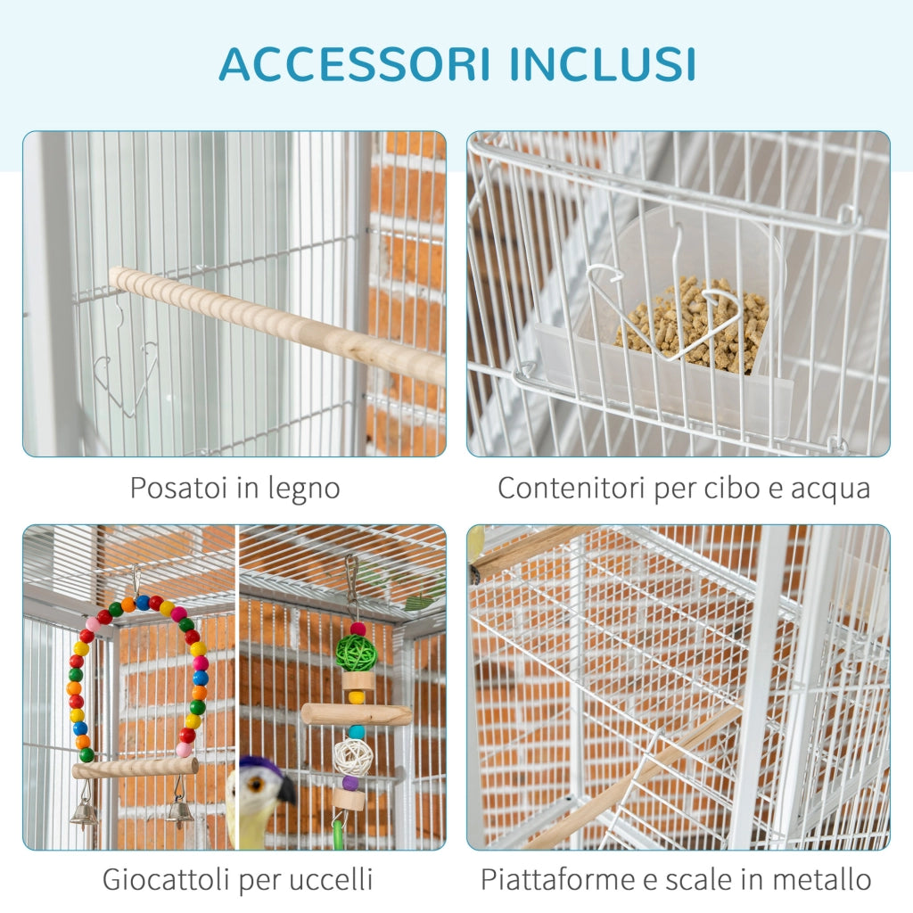 EasyComfort Gabbia per Uccelli in Acciaio e PP con Posatoi, Giochi, Contenitori per Cibo e Vassoio, 83x53x180 cm, Bianco