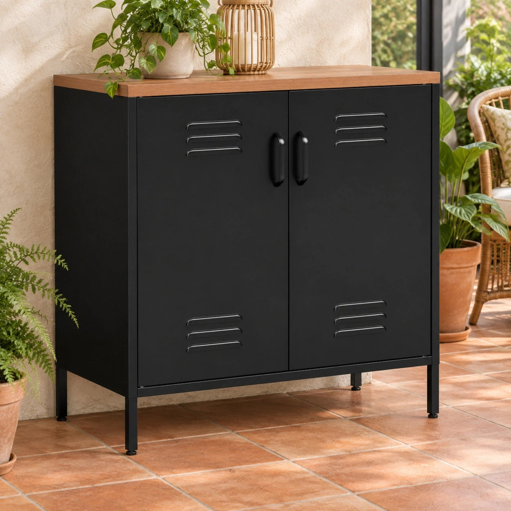Credenza Industriale in Metallo con 2 Ante e Ripiano Regolabile 80 x 40 x 80 cm Nera per Soggiorno e Ufficio