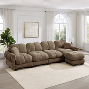 Divano angolare modulare 4 posti 330x149 cm con pouf mobile; chenille marrone; struttura a L