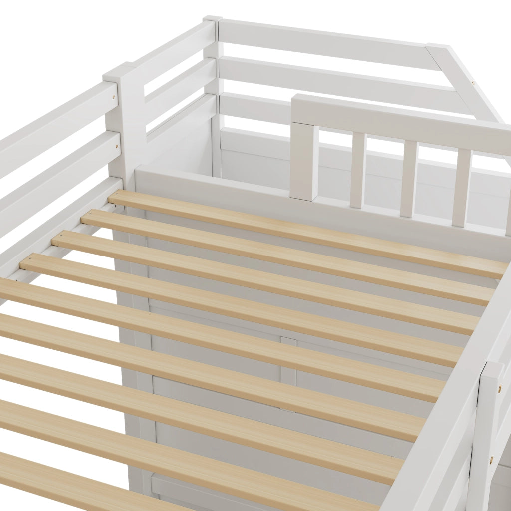 Letto a Soppalco 90x200 cm - Scala Contenitore; Parapetto - in MDF e Legno - Bianco