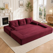 Divano letto modulare ULEVR 232x98 cm in velluto a coste rosso vino, con tasche laterali e portabevande